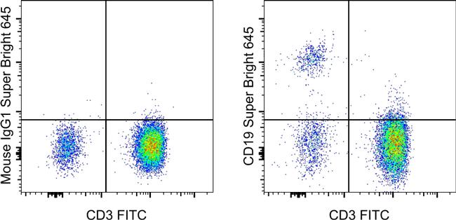 CD19 SuperBright 645 Thermo Fisher Scientific antibody anti target:Human host:Mouse isotype:IgG1 κ clone:SJ25C1 Normal human peripheral blood cells cells were stained with CD3 Monoclonal Antibody, FITC (Produc...