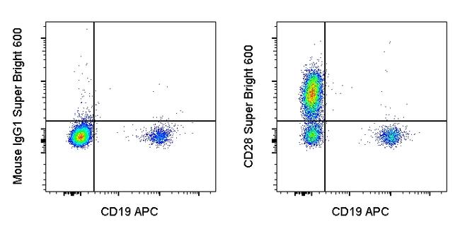 CD28 SuperBright 600 Thermo Fisher Scientific antibody anti target:Human host:Mouse isotype:IgG1 κ clone:CD28.2 Normal human peripheral blood cells were stained with CD19 Monoclonal Antibody, APC (Product # 17...