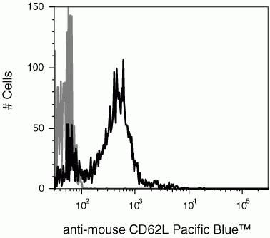 CD62L Pacific Blue Thermo Fisher Scientific antibody anti target:Mouse host:Rat isotype:IgG2a κ clone:MEL-14 C57BL/6 mouse spleen cells stained with Pacific Blue™-conjugated CD62L (Product # RM4328) and gat...