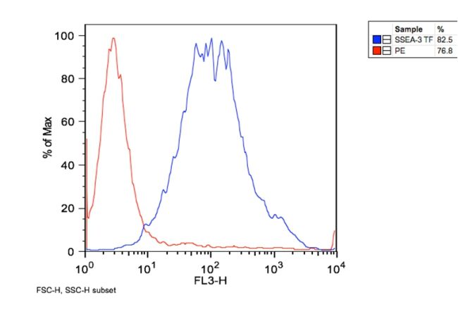 SSEA3 Purified Thermo Fisher Scientific antibody anti target:Human host:Rat isotype:IgM clone:MC-631 Flow cytometry analysis of SSEA-3 using anti-SSEA-3 monoclonal antibody (Product # MA1-020) shows...