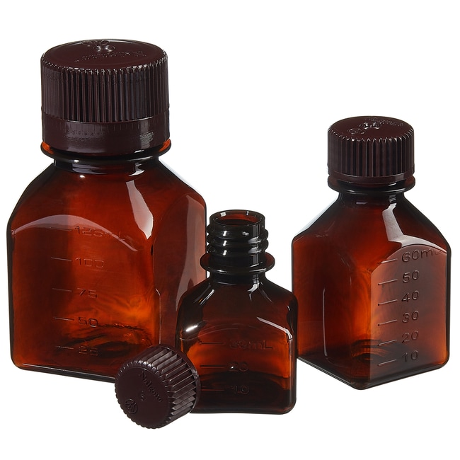 Nalgene™ Square Amber PETG Media Bottles with Closure: Nonsterile, Shrink-Wrapped Trays