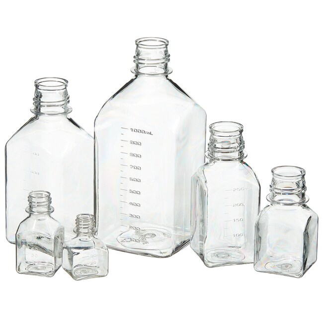 Nalgene™ PETG Square Media Bottles without Closure: Sterile, Shrink-Wrapped Trays