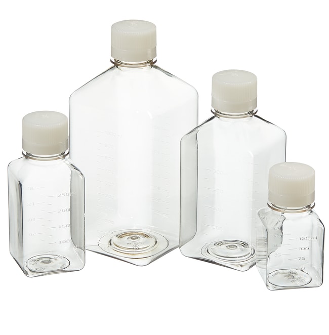 Nalgene™ Square PET Media Bottles with Closure: Sterile, Shrink-Wrapped Trays