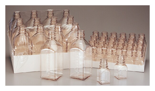 Nalgene™ PETG Square Media Bottles without Closure: Sterile, Shrink-Wrapped Trays