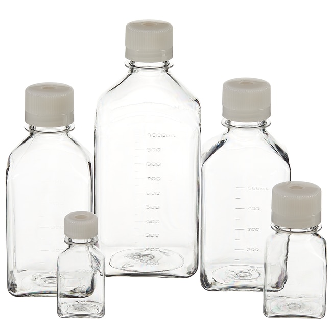 Nalgene&trade; Square PETG Media Bottles with Septum Closure: Sterile, Shrink-Wrapped Trays