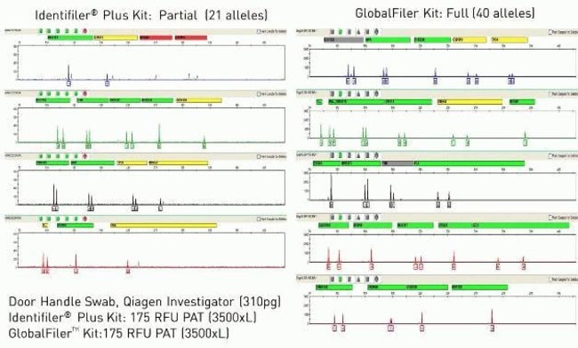 Data Comparison of a touch sample amplified with the Identifiler Plus and GlobalFiler kits